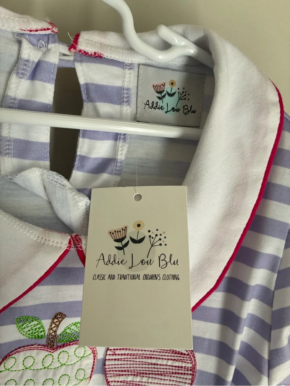 NEW Addie Lou Blue Back to School Apple Pink Purple Striped Dress Size 8/9